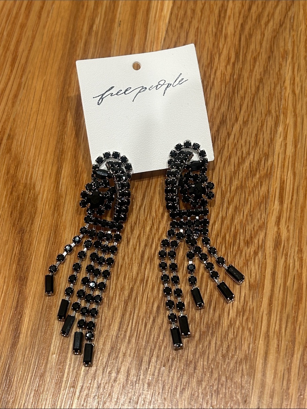Free People Jet Black Crystal art deco Fringe knot Drop Earrings new pierced